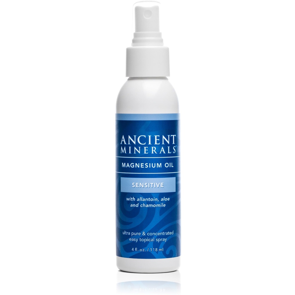 Oude mineralen Magnesium Oil Spray Gevoelige all-New Sensitive Formula met Allantoïne, Biologische Kamille en Biologische Aloë Vera (4oz)