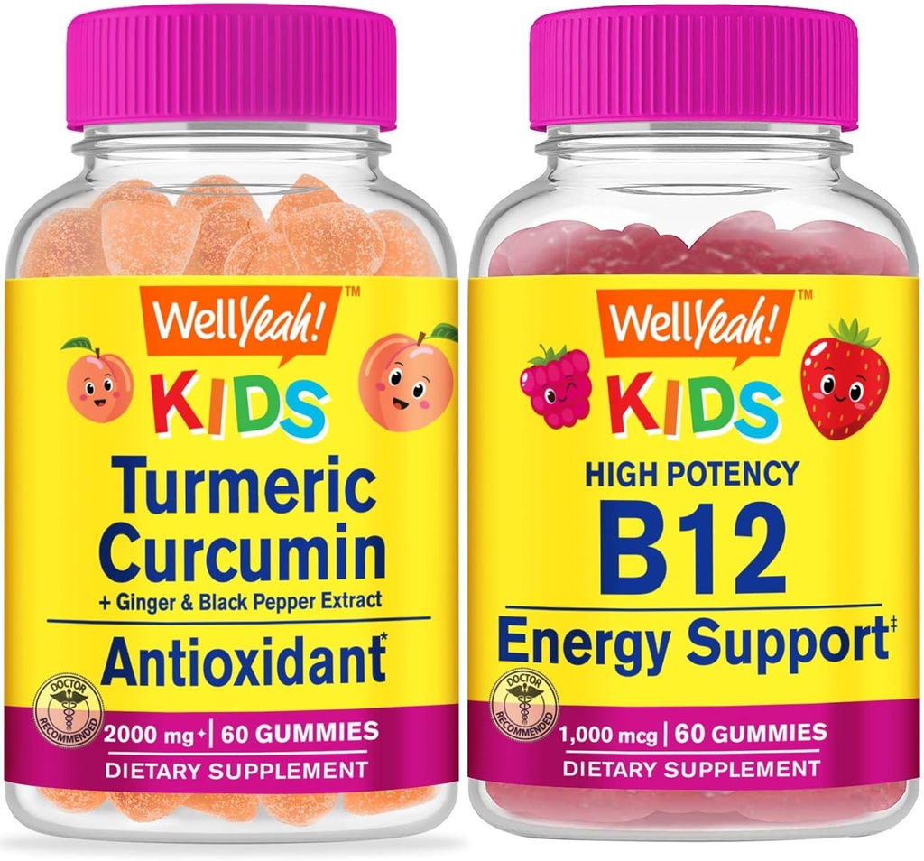 WellYeah Kurkuma Curcumin Kids + Vitamine B12 Kids, Gummies Bundle - Grote Proeverij, Vitamine Supplement, Glutenvrij, GGO vrij, Kauwgom