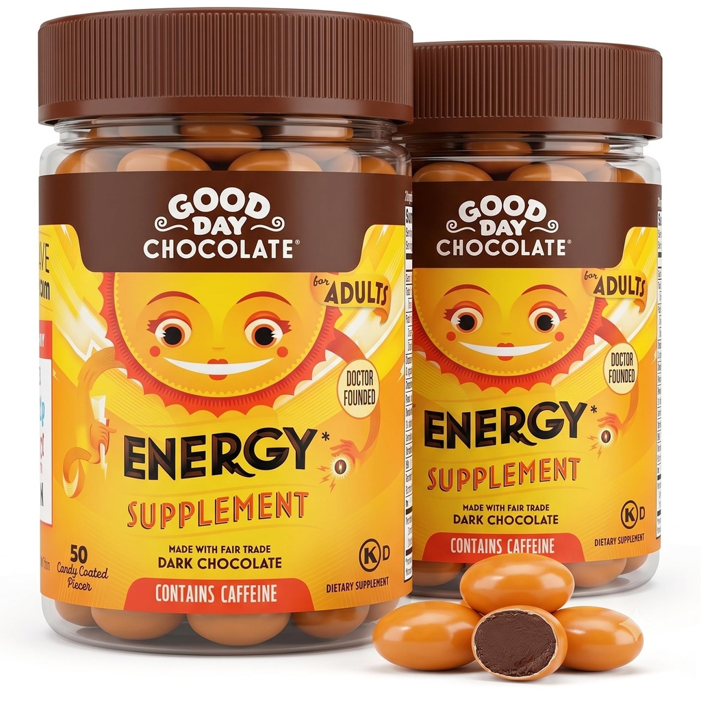 Good Day Chocolat Suppléments d'énergie pour adultes [2 Pack] Chocolat caféine équitable avec B-Vitamines, Extraits de thé vert et 20 mg de caféine par pièce - Energy Booster pour les femmes et les hommes
