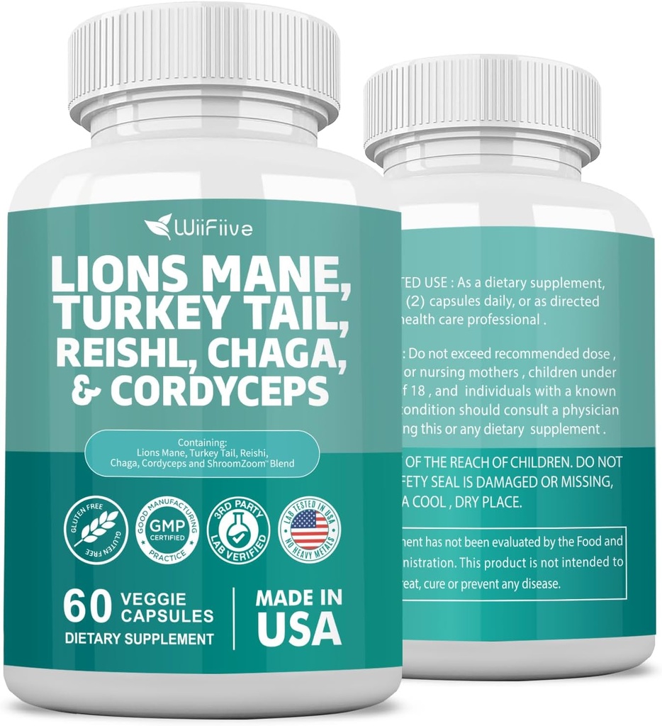 Leeuwen Mane 3000mg Turkije staart 3000mg Reishl 1000mg Chaga 1000mg Cordyceps Poeder Extract bevat Maitaake Shiitake Black Fungus,Brain Supplement, Minerale Supplementen, 60 Capsules