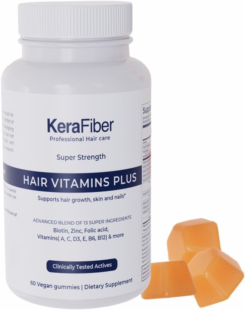 KeraFiber Professional Hair Vitamins Plus Gummies - Biotine Haargroei Supplementen - Vegan Haar Vitaminen met Zink, Vitaminen A, C, D, E, B6, B12 - Ondersteunt haargroei, huid & Nails - 60 Tellen