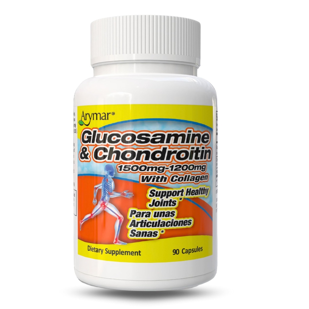 ARYMAR Glucosamine 1500 mg et Chondroïtine 1200 mg avec Collagène – Supplément Santé Joint – 90 Capsules