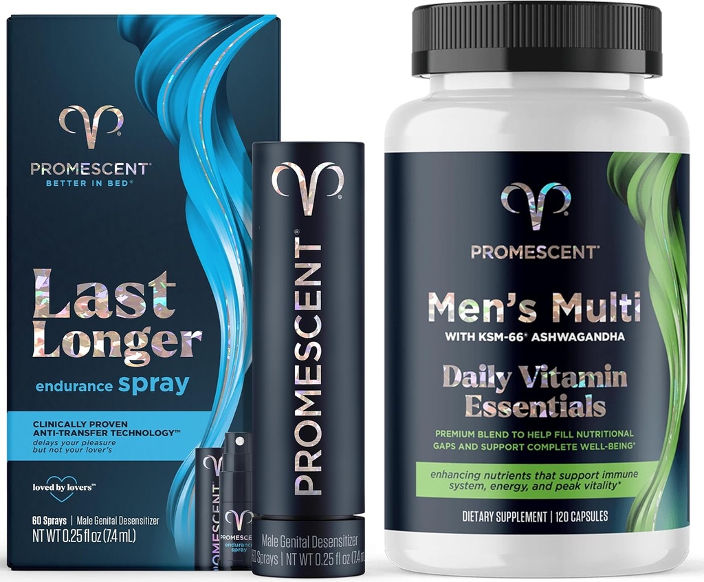 Vaporisateur de délai de désensibilisation pour les hommes cliniquement prouvé pour vous aider à durer plus longtemps dans le lit + multivitamine pour les hommes, vitamine B12, vitamine C, vitamine D3, KSM-66 Ashwagandha, multivitamines pour hommes de qualité