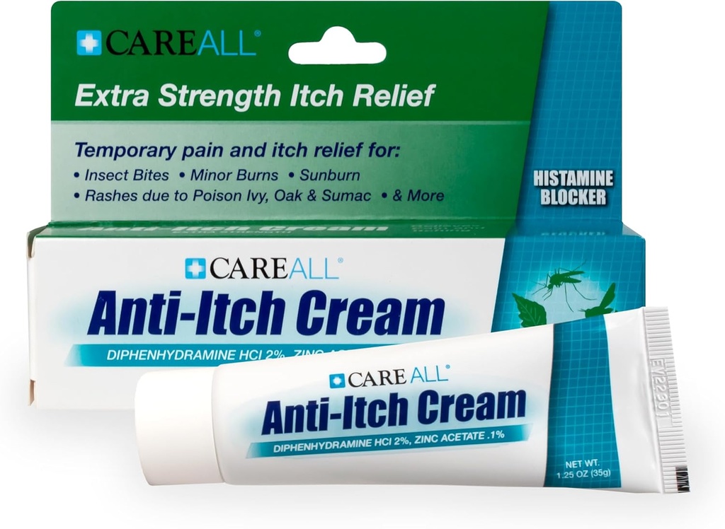 CareAll Anti-Itch Cream 1,25oz Histamine Blocking, Diphenhydramine HCI 2% a Topical Analgeic & Zinkacetaat 0,1% a Skin Protectant Provide tijdelijke pijn en jeuk verlichting van gemeenschappelijke buiten jeuk