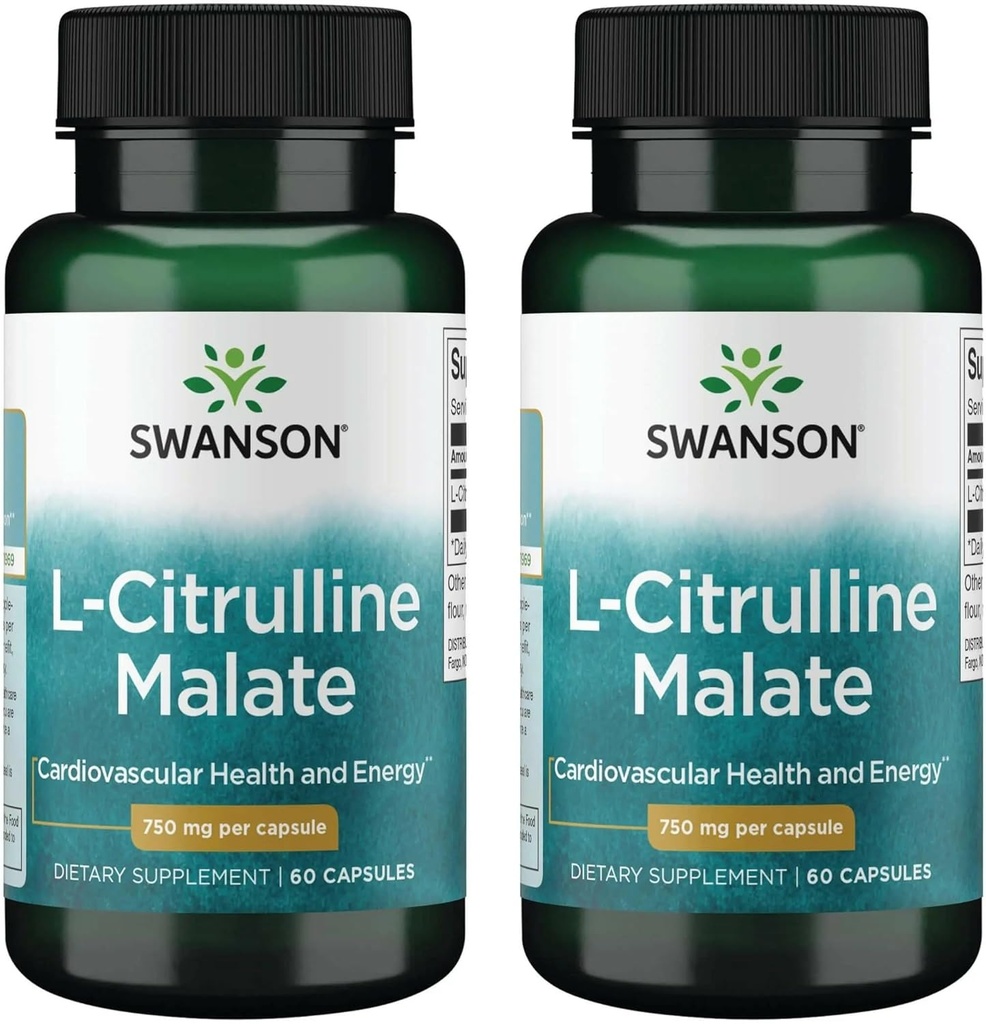 Swanson L-Citrulline Malate - Aminozuursupplement ter bevordering van energieproductie en gezonde bloedcirculatie - natuurlijke formule ter ondersteuning van de algehele wellness - (60 capsules, 750 mg elk) (2 verpakkingen)