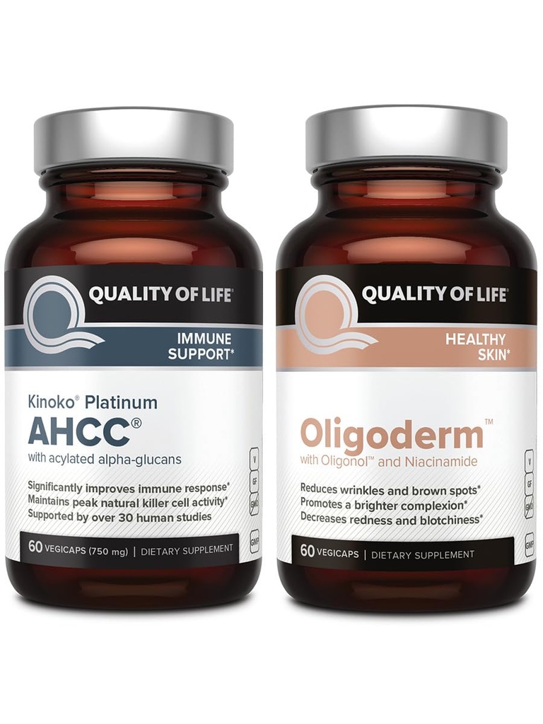 Kwaliteit van leven met Kinoko Platinum AHCC paddo Extract en Oligoderm met Oligonol Lychee Extract - Immune Support Skin Health Bundle