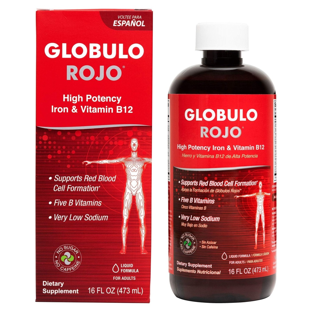 Globulo Rojo Iron Supplement - Liquid Dietary Supplement with High Potency Iron & B Vitamins (Vegan) (16 Fl Oz (Pack of 1))