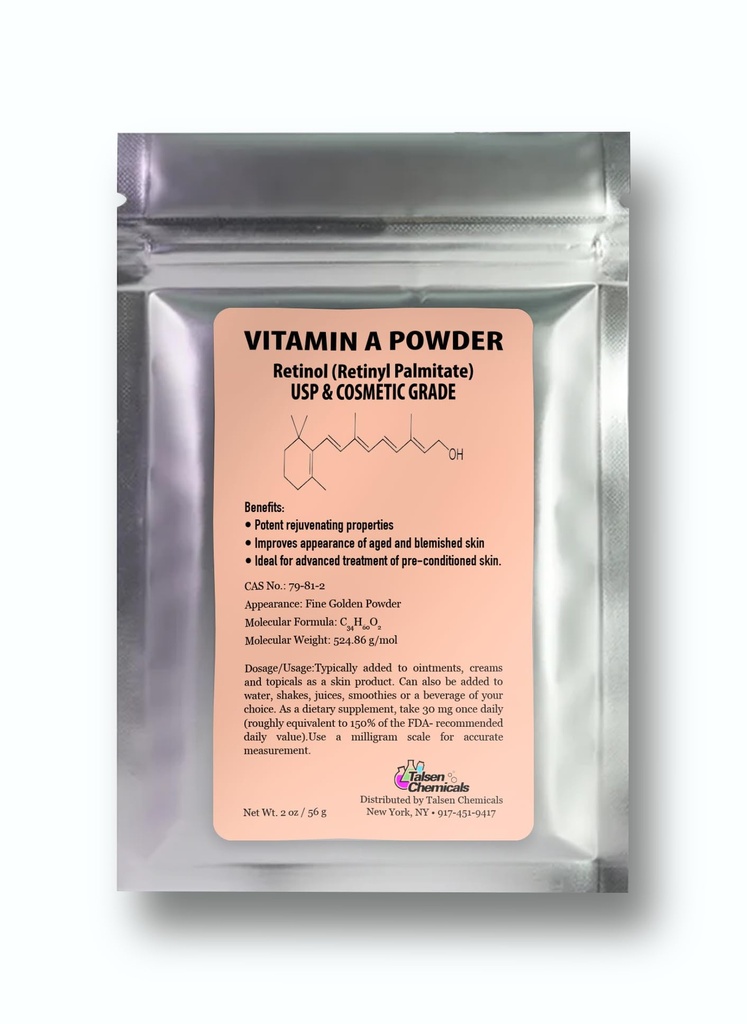 Vitamine A Powder Retinyl Palmitate, Pure Retinol Poederd Vitamine Water Oplosbaar Vitamine A USP & Cosmetic Grade (2 oz. / 56 Gram)