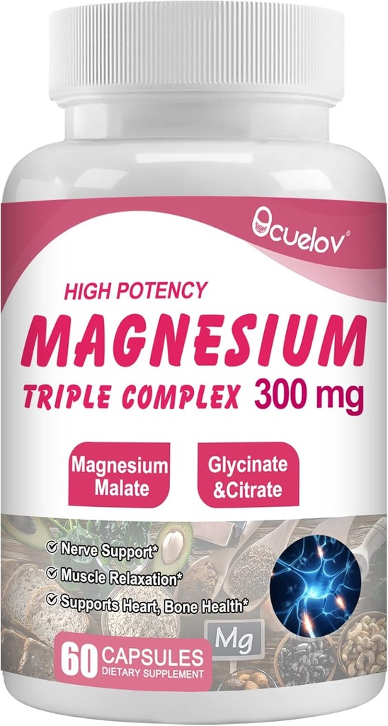 Triple Magnesium Complex Supplement, 300mg Magnesium (Glycinate, Malate & Citrate) Complex for Muscles, Nerves, Bone & Energy 