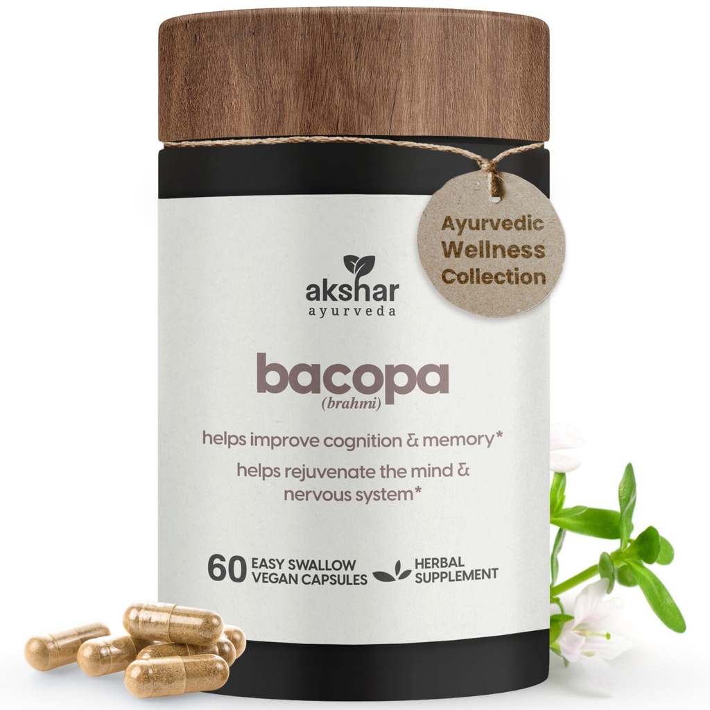 AKSHAR Ayurveda - Supplément Bacopa 500mg Brahmi, Système de rajeunissement, pilules Bacopa pour soutenir la fonction cognitive pour les adultes, Bacopa Monnieri sans cruauté végétalienne (60 comte)