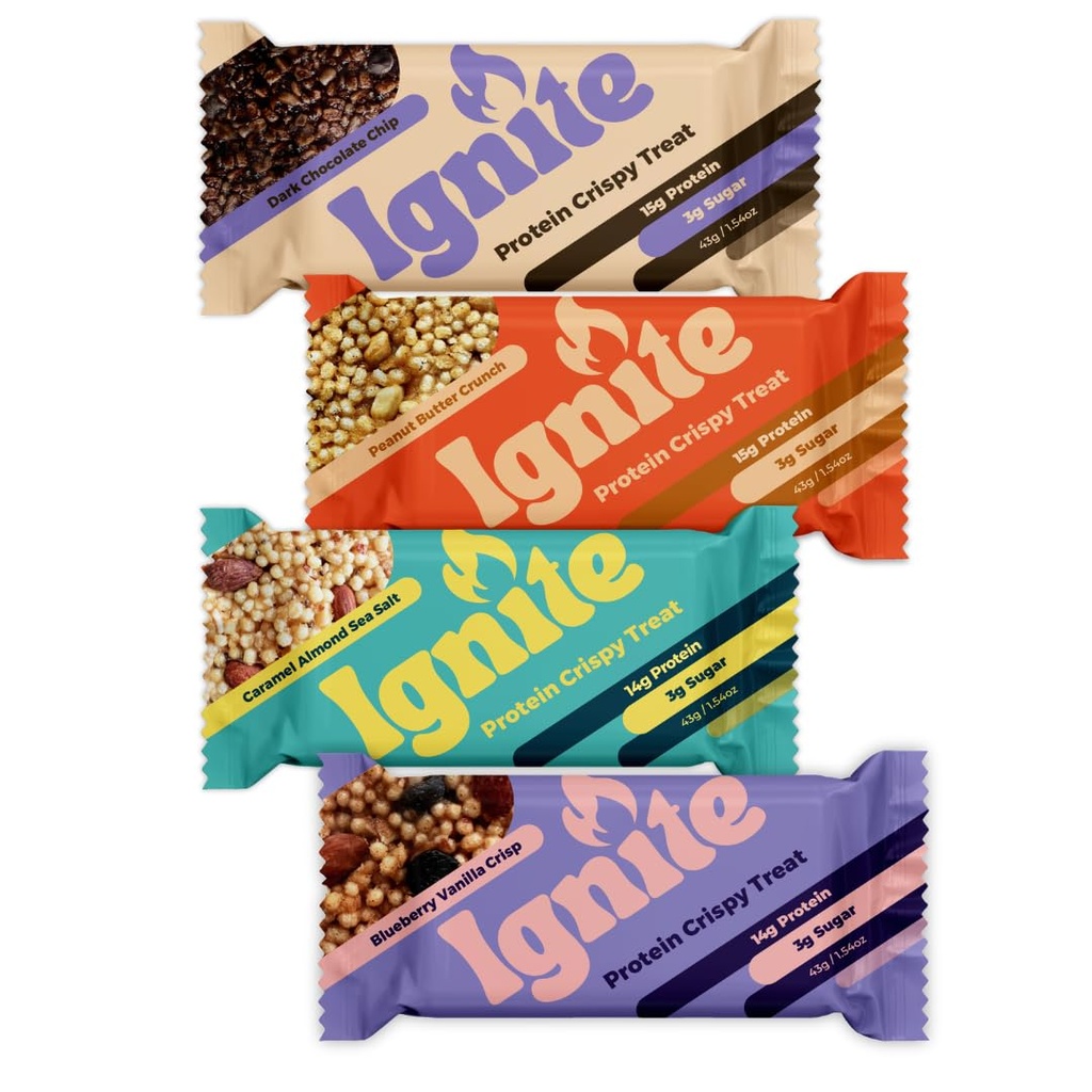 Ignite Bars Hoge Proteïne Snacks, Lage Suiker Proteïne Snacks, Gezonde Snacks voor Volwassenen & Kids, Fiber Bar Crispy Treats 