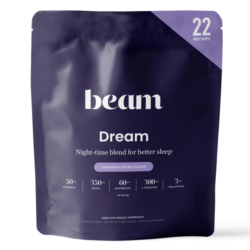 Beam Dream Sleep Powder, L-Theanine, Apigenin, Reishi en Magnesium, derde partij getest natuurlijke slaaphulp & slaapsupplement voor diepe slaap, ontspanning en herstel, natuurlijke slaapondersteuning, 22 diensten