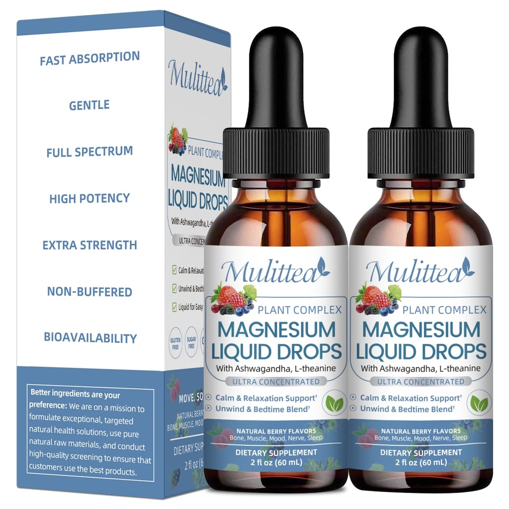 Magnesium Glycinate Liquid Drops with L-Theanine, Ashwagandha & Saffron - Herbal Sleep & Calm Support with Chamomile, Passionflower - Relaxation, Mood & Nerve Support - Sugar Free - 2 Pack