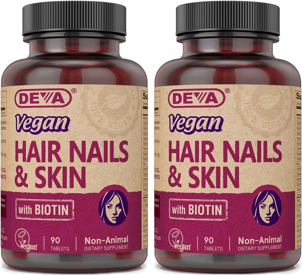 DEVA Vegan Vitamins Hair, Nails & Skin Supplement met 500 mcg Biotine Per Tablet 90 Tabletten (verpakking van 2)