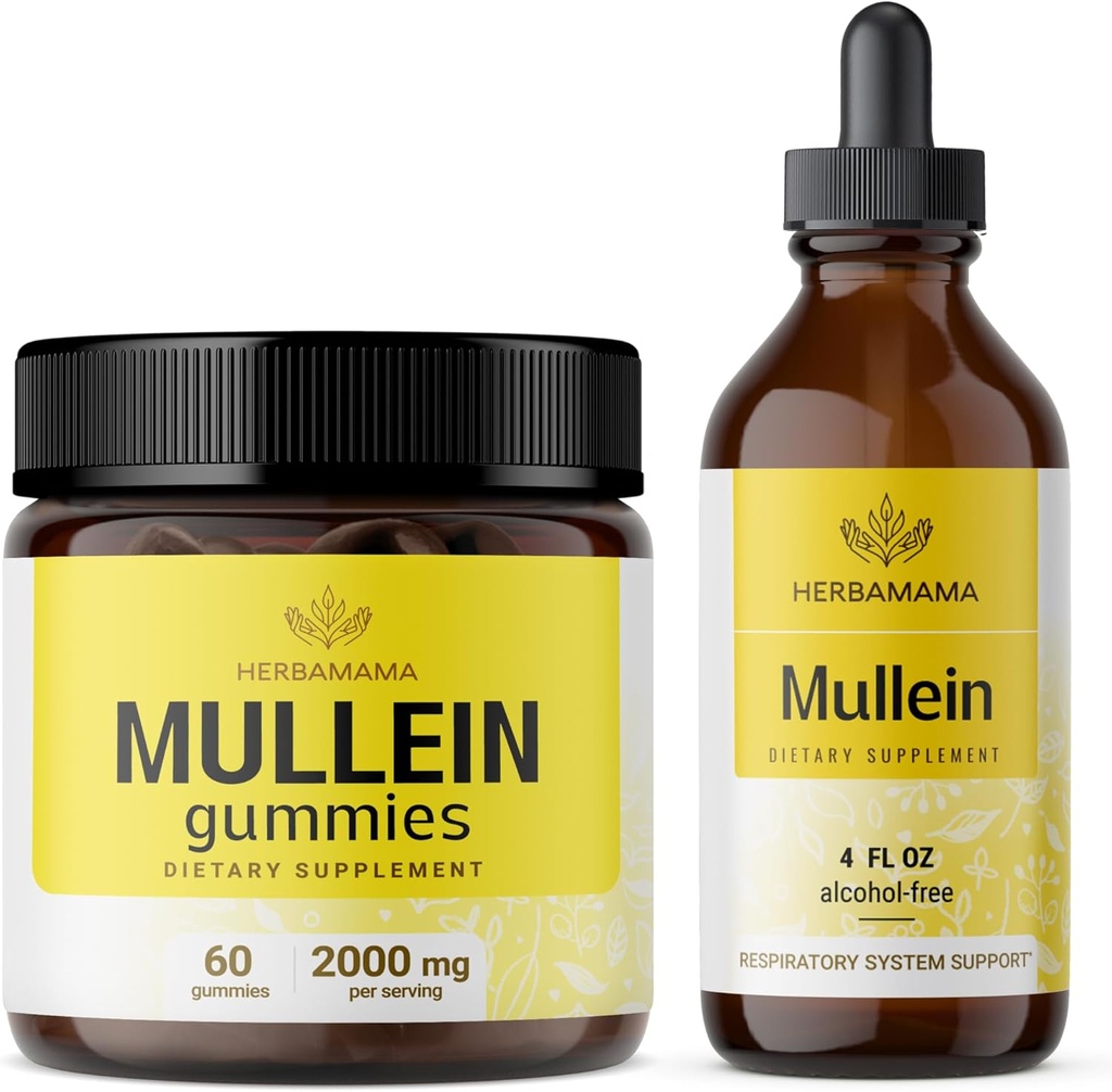 HERBAMAMA Mullein Leaf Extract Kit - Bundel van 2000 mg Mullein Leaf Gummies en Mullein Leaf Tinctuur 4 fl oz - Vegan, Non-GMO, Alcohol-Free - 2 Pack