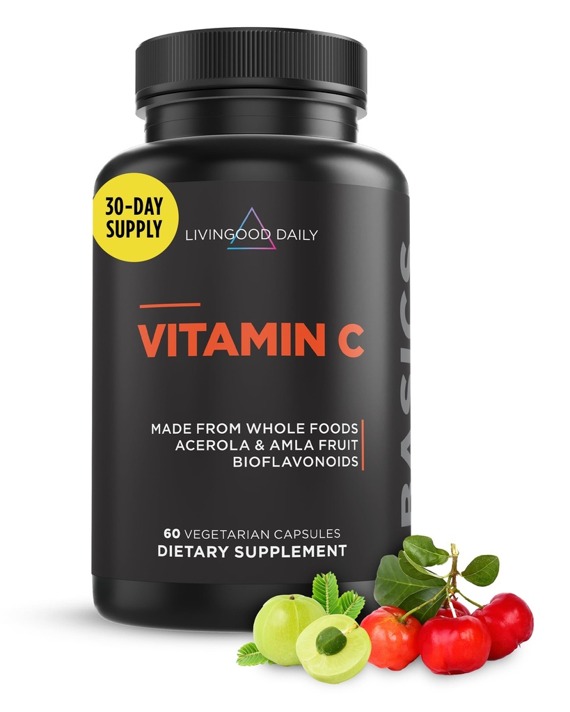 Supplément quotidien de vitamine C Livingood, 3-en-1 Vitamine C à base d'aliments entiers avec extraits d'acérola et d'amla et bioflavonoïdes d'agrumes pour le soutien immunitaire, végétalien, sans gluten, sans OGM, 60 capsules