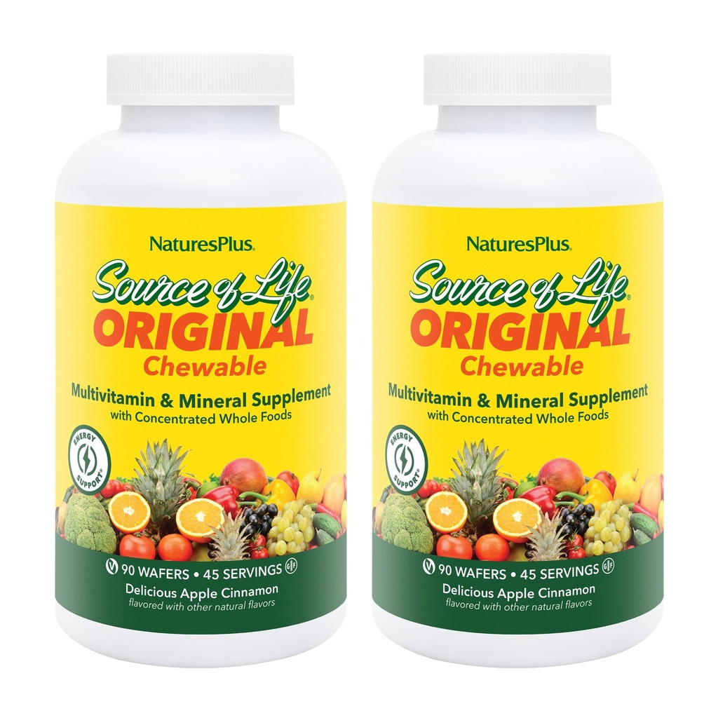 Natures Plus Bron van het leven Volwassenen Kauwbaar, Apple Kaneel - 90 Wafers, Pack of 2 - Multi-Vitamine & Mineraal Supplement - Glutenvrij, Vegetarisch - 90 TotaalDiensten