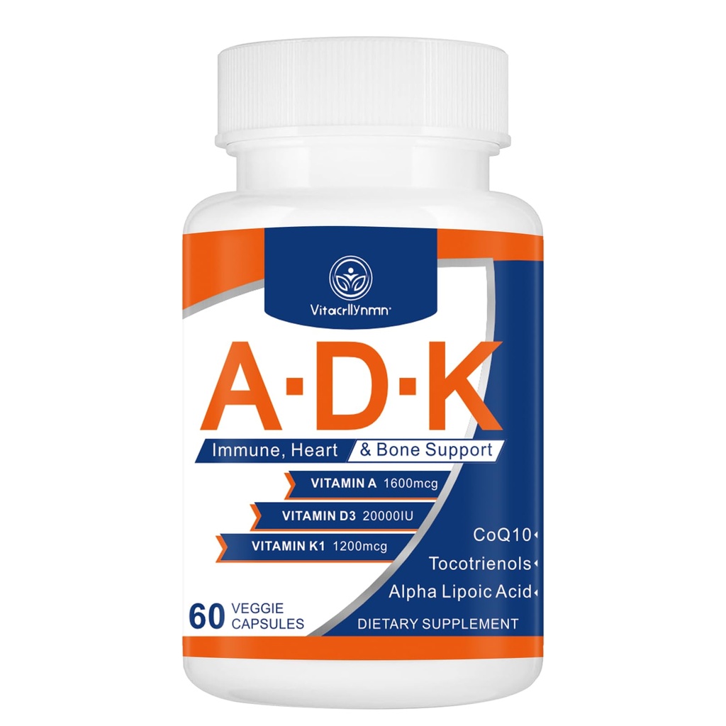 ADK Vitamine Supplement 20000 IE - Vitaminen met hoge potentie A, D3 en K1 voor hart-, bot- en immuunondersteuning Vitamine ADK 60 capsules