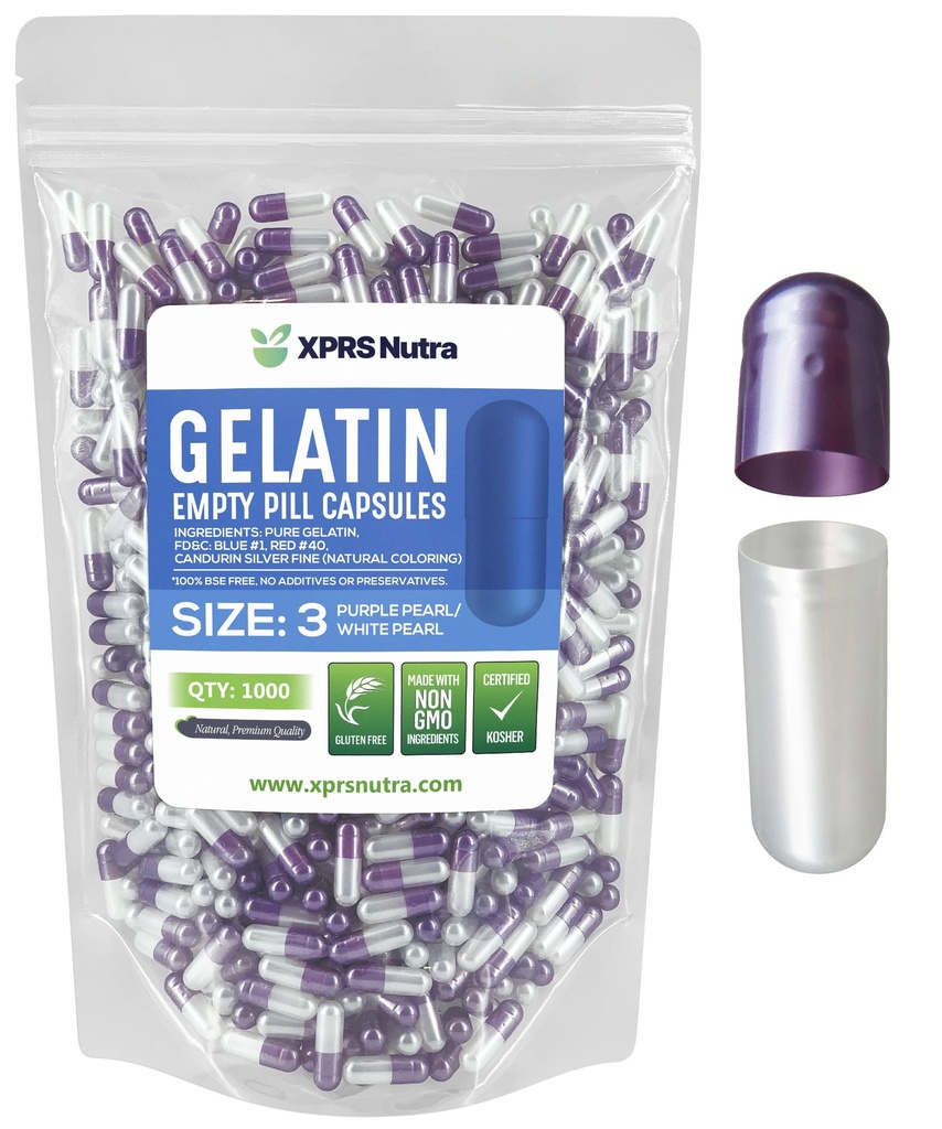 XPRS Nutra Size 3 Empty Capsules - 1000 Count Empty Gelatin Capsules - Pills DIY Capsule Filling - Pure Bovine Pill Gel Caps Fillable for Do-It-Yourself Vitamins and Supplements (Pearl Purple/White)