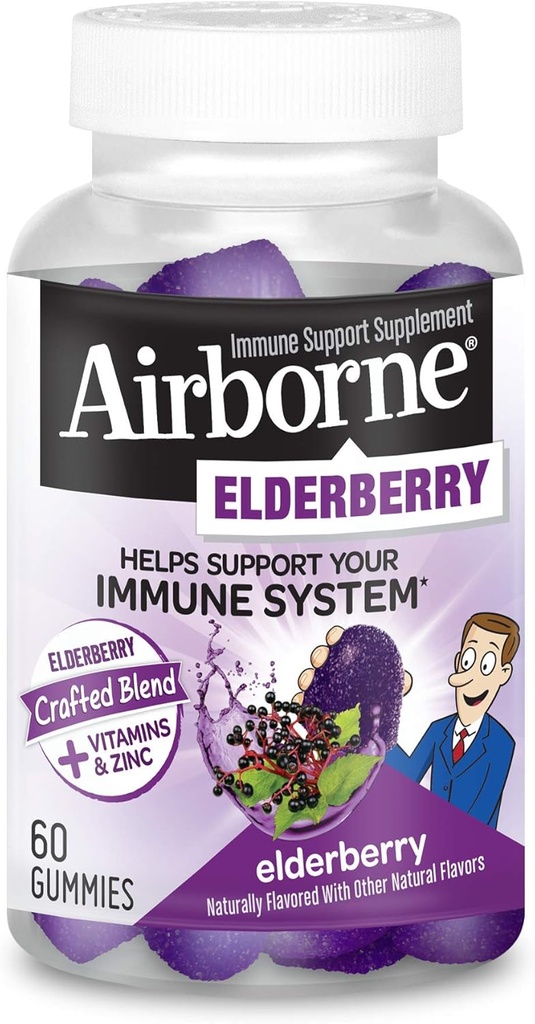 Gummées airportées de baies aînées + zinc et vitamine C pour adultes, crèmes immunitaires supportant les vitamines D et Zinc Gummées avec des vitamines antioxydantes puissantes C D et E - 60 Gummées, saveur de mûrier