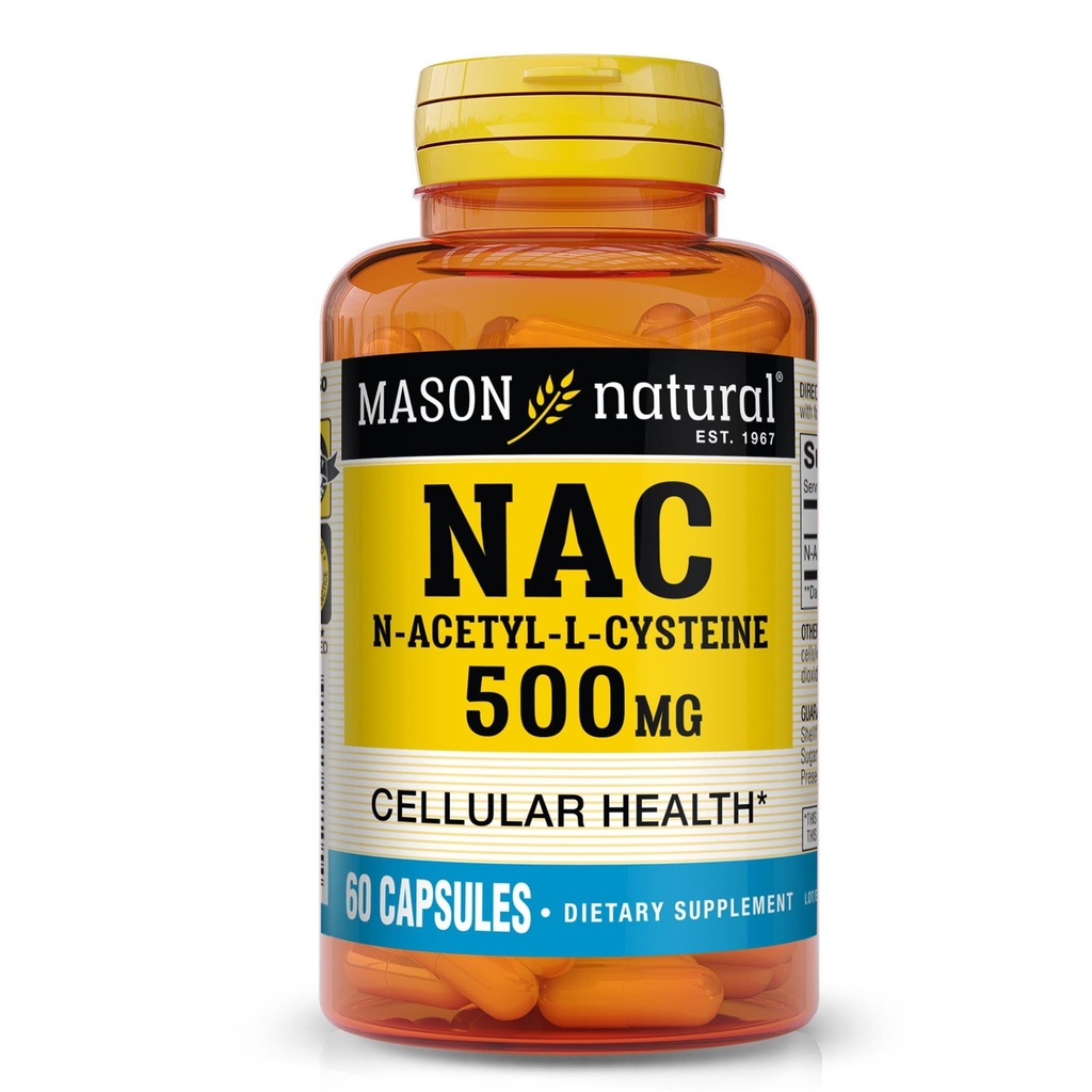 MASON NATUURLIJKE NAC N,Acetyl,L,Cysteine 500 mg, 2 maanden Levering, Ondersteunt Normale Cellulaire Gezondheid, Immuun Systeem Booster voor Algemene Wellness, 60 Capsules