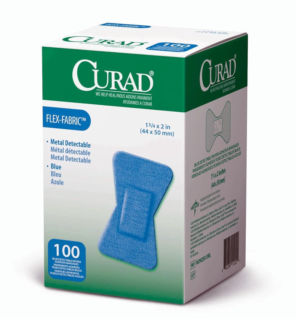 Curad Vingertip Kleefbandages, Food Service Blue Detectable Bandage, 100 Count,Fingertip 1.75" x 2" (Verpakking kan variëren)