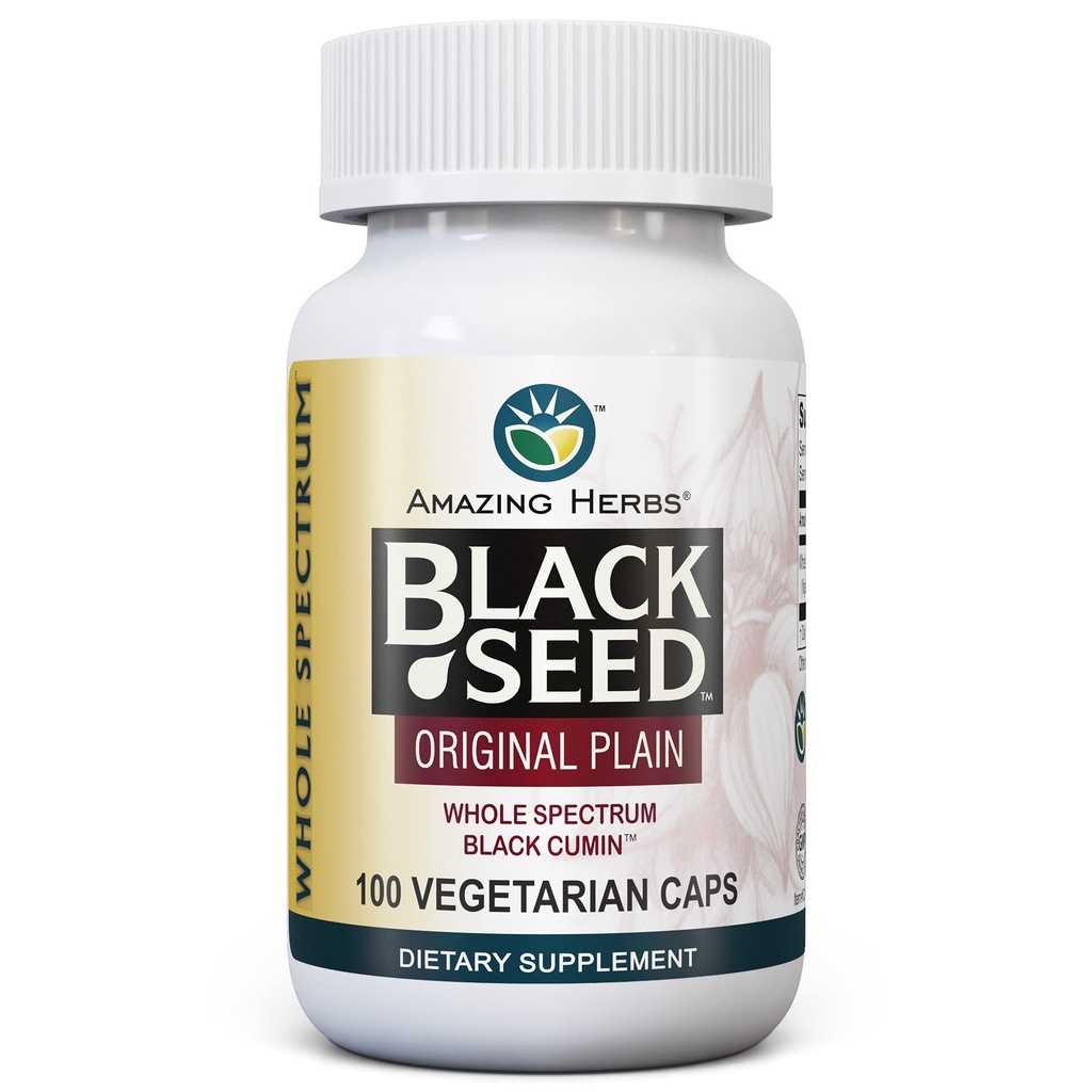 Verbazingwekkende kruiden Hele Spectrum Black Seed Original Plain, Vegetarische Capsules - Glutenvrij, Niet GGO, Koud geperst Nigella Sativa Aids in Digestieve Gezondheid - 100 Tel, 475mg