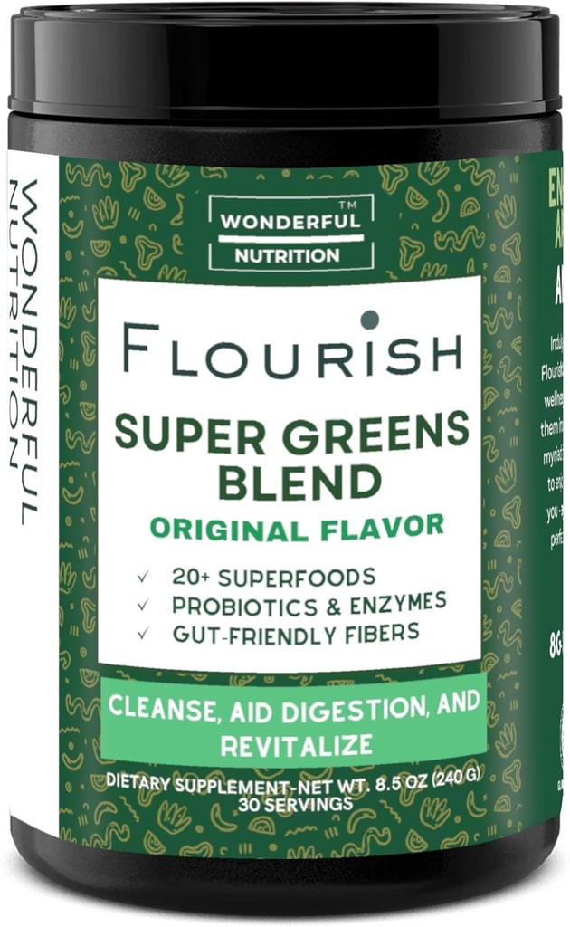 Floerish Super Greens. Greens Powder Mix voor energie, met Chlorella Organic Spirulina, Beet Root Powder, Enzymes & Probiotics, Original, 30 Servers