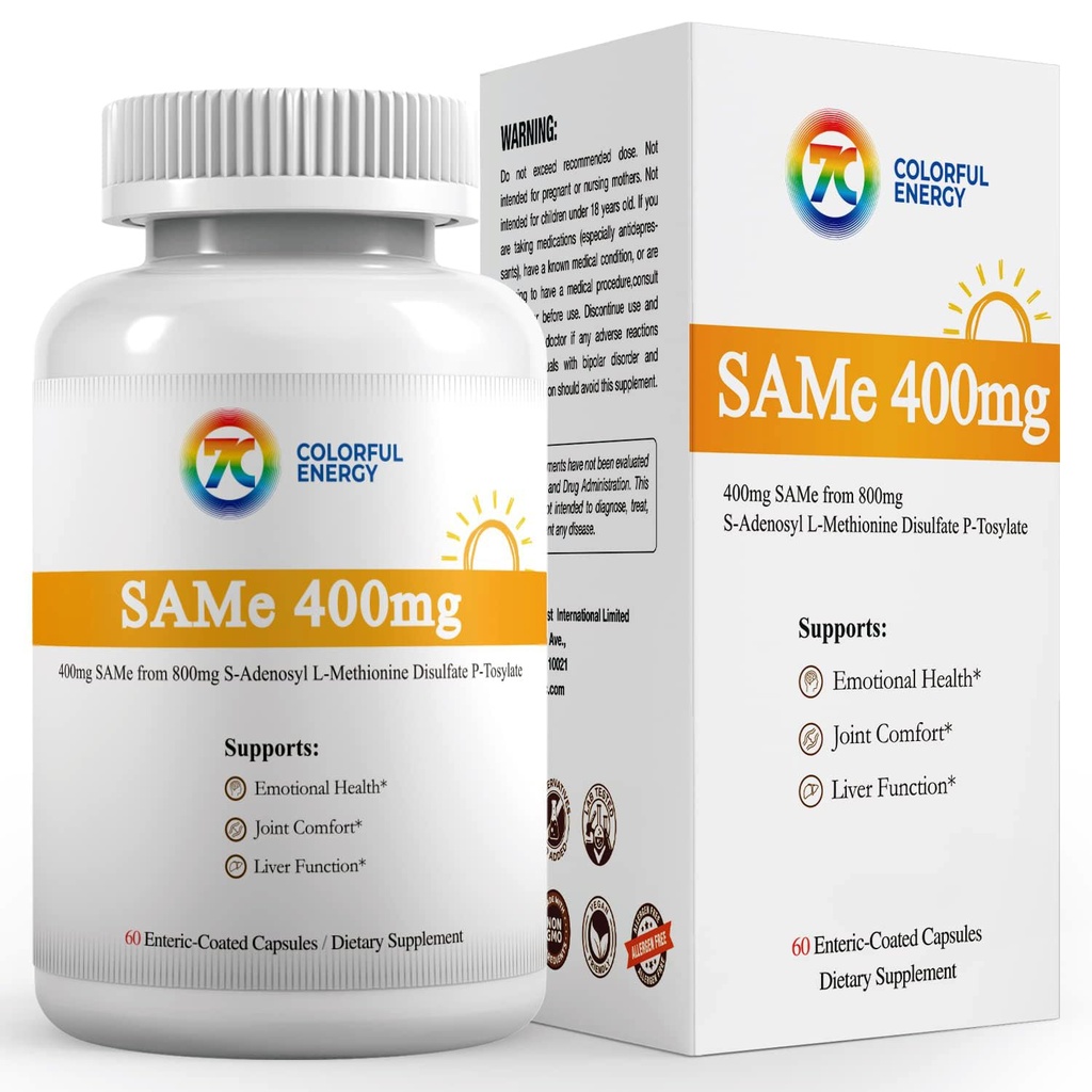 Supplément de 7c Sam e 400mg (S-Adénosylméthionine), vitamine B6, B12 ajouté pour améliorer l'efficacité de Sam-e, l'humeur et le confort articulaire, végétalien, non-OGM, sans gluten, 60 capsules enrobées entériques