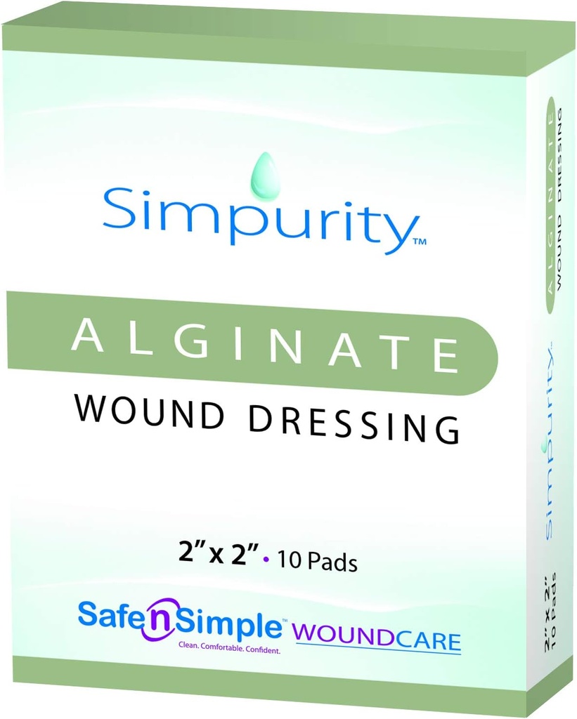 Calciumalginaat Wonddressing 2" x 2" -Simpurity- Individuele Dikke Pads Antimicrobieel Alginaat Dressing Fiber Padding Medical Wound Care Producten voor Bed Sore-Pressure Sore-Leg Ulcer-Diabetic Foot
