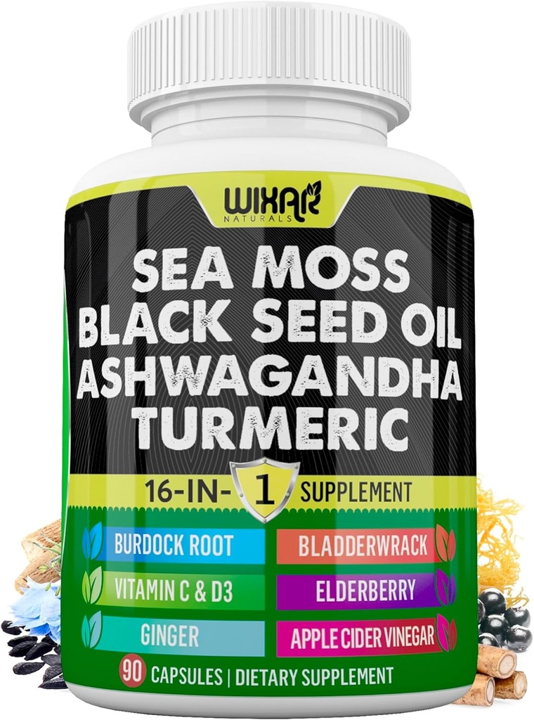 Wixar Sea Moss 3000mg Black Seed Oil 2000mg Ashwagandha 1000mg Kurkuma 1000mg Bladderwrak 1000mg Burdock 1000mg & Vitamin C & D3 met Vlierberry Dandelion Yellow Dock Chlorofyl ACV - 90 Capsules