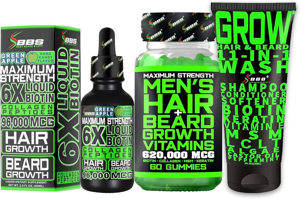 Kit de croissance de la barbe avec shampooing de croissance des cheveux 11-en-1 pour les hommes et conditionneur avec/biotine + vitamine de croissance de la barbe et vitamine de croissance des cheveux pour les hommes + 6X biotine liquide avec collagène - Formulé en Amérique