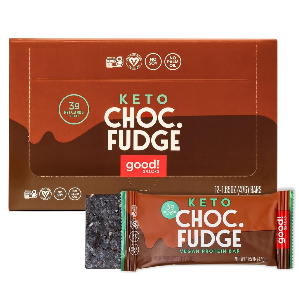 Goed! Snacks Chocolate Fudge Keto Proteïne Bar, Vegan, Soy & Glutenvrij, Low Sugar Meal Vervanging, 11 g hoog eiwit, natuurlijke gezonde snack, voor atleten en actieve levensstijlen, 3g Net Carbs, 12 Bars