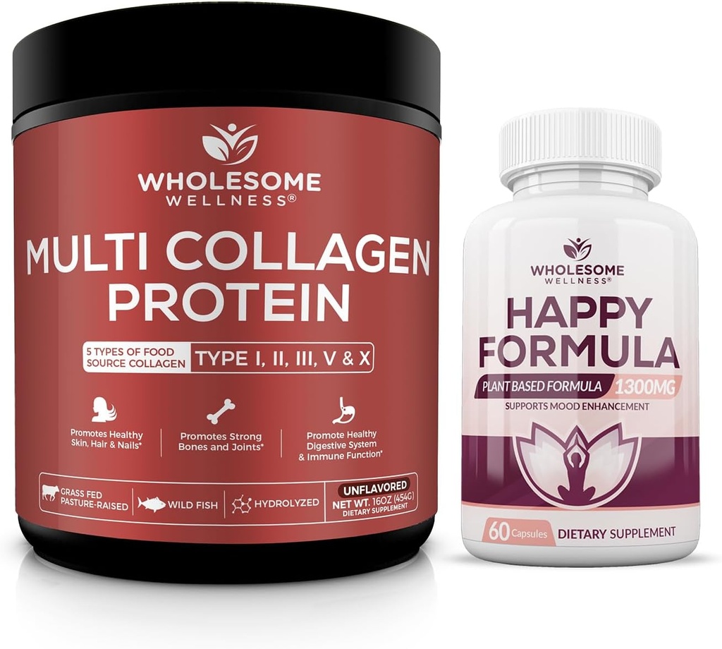 Geheel Wellness Multi Collageen Proteïne Poeder Gehydrolyseerd (Type I II III V X) Gelukkige Formule Natuurlijke Stress Formule Relief Supplement Bundle