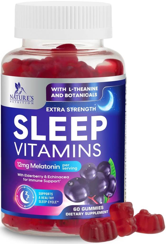 Sleep Gummies with Melatonin 12 mg Per Serving - Extra Strength Sleep Vitamin Gummy, Natural Melatonin Gummy, Occasional Sleep Support Supplement for Adults, Vegan, Gomitas para Dormir - 60 Gummies
