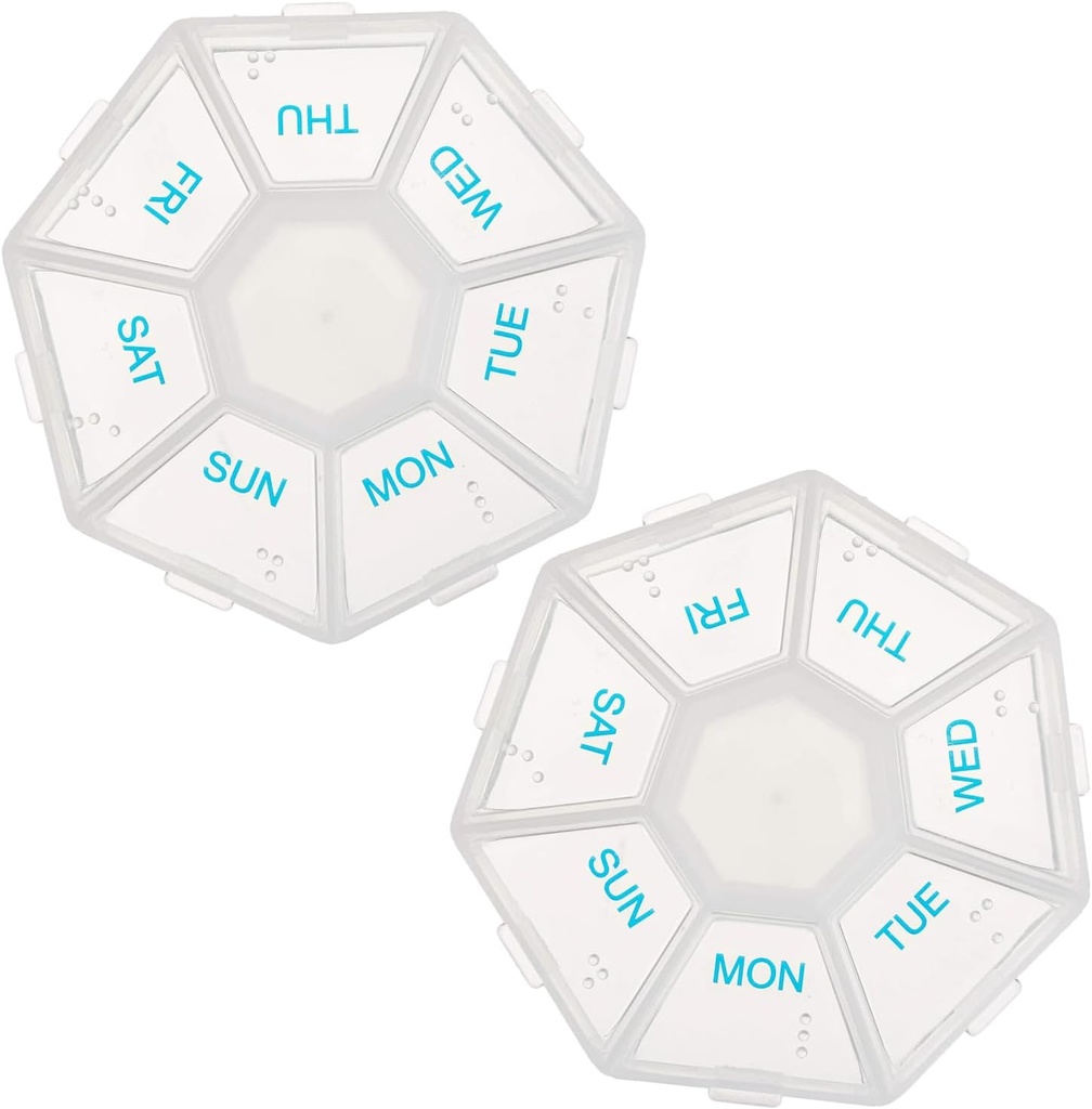Deke Home - Organisateur de pilules de médecine avec étiquette en braille (2 packs), boîtes à pilules de 14 jours, lys clairs, 2 semaines Organisateur de pilules, Organisateur hebdomadaire pour la gestion des médicaments, Compact, Easy Viewing