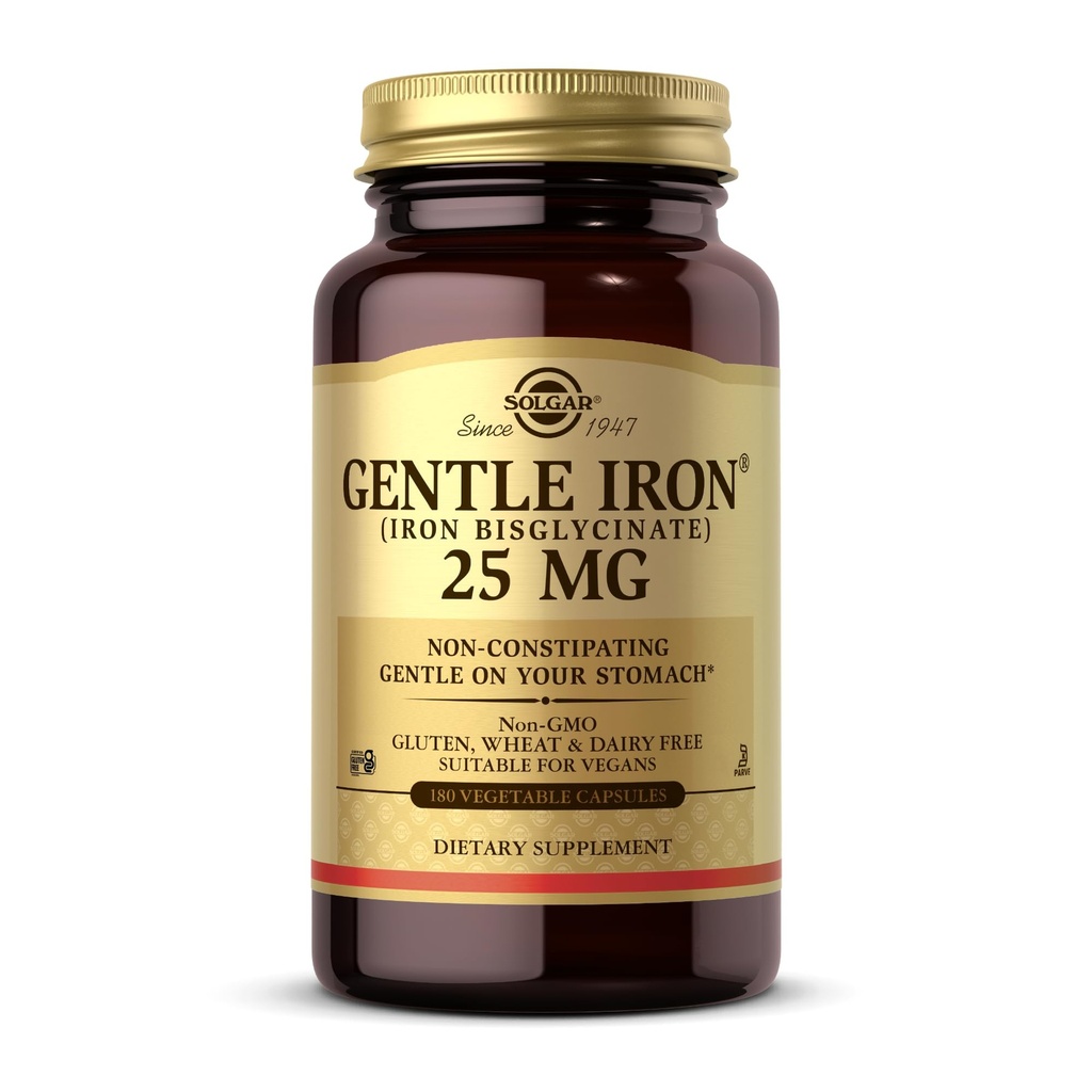 Solgar Gentle Iron (Iron Bisglycinaat) 25 mg - 180 plantaardige capsules - Niet-constipatief, zacht op je maag - Niet-GMO, Glutenvrij - 180 porties