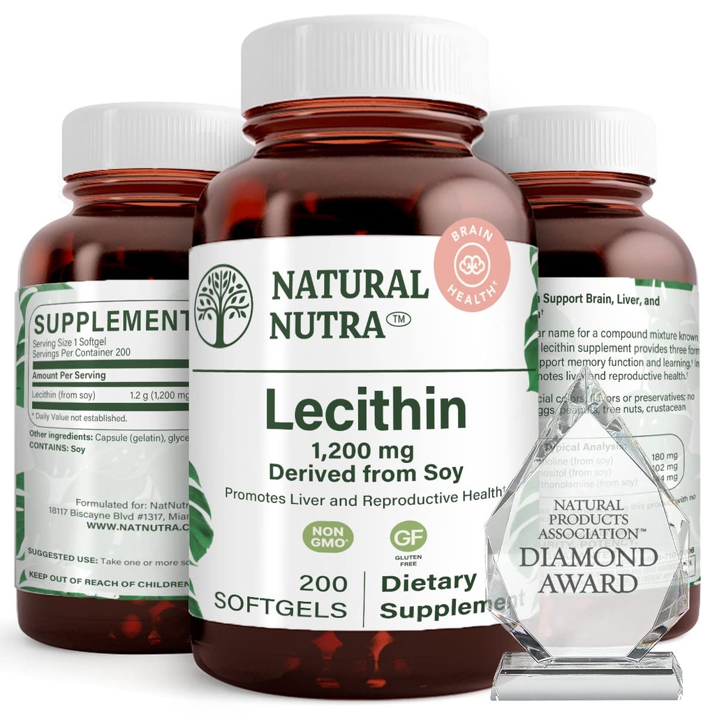 Natuurlijke Nutra Soy Lecithin 1200 mg Dieetsupplement - Hersenfunctie, Lever Gezondheid, Verbeter Procreant Health, Boosting Supplement - Glutenvrij, BPA-vrij, 200 Softgels in Recyclebare glazen flessen
