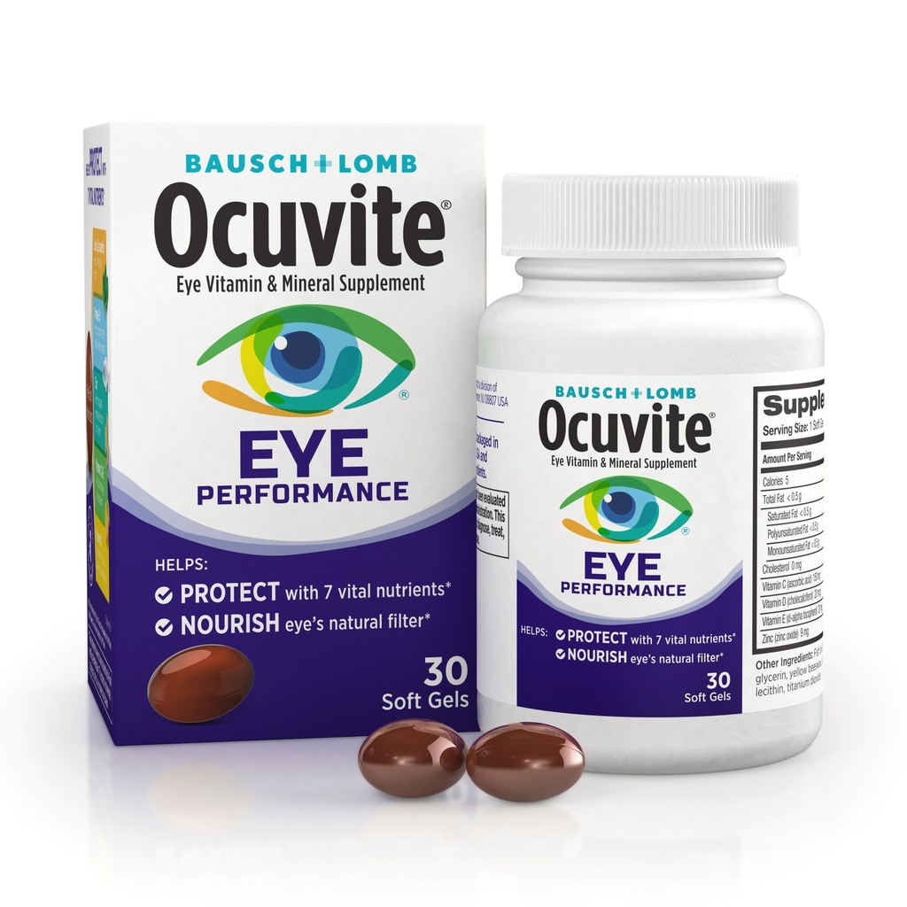 Ocuvite Eye Performance Vitamin & Mineral Supplement, Lutein en Zeaxanthine Supplementen, Vitaminen C, D, E, Zink en Omega-3, helpt beschermen Ogen tegen zon en blauw licht, 30 Softgels