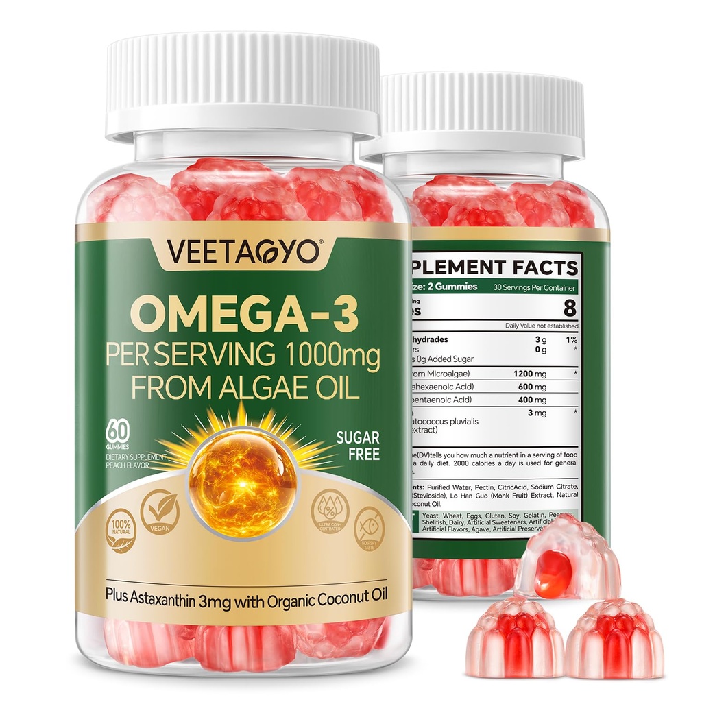 Vegan Omega 3 Gummies 1200mg - double couche - Huile de poisson alternative, supplément d'algues marines Omega 3 DHA 600mg, EPA 400mg avec astaxanthine, sans sucre, 60 Cts