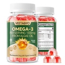 Vegan Omega 3 Gummies 1200mg - double couche - Huile de poisson alternative, supplément d'algues marines Omega 3 DHA 600mg, EPA 400mg avec astaxanthine, sans sucre, 60 Cts