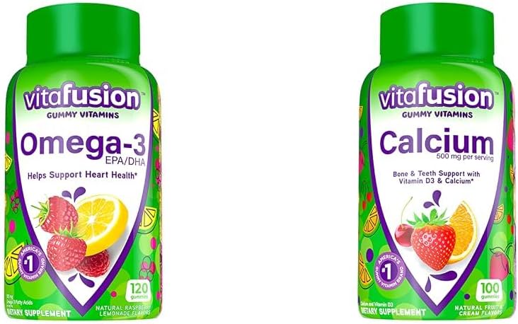Vitafusie Omega-3 Gummy Vitaminen, Berry Limonade Gearomatiseerd, Hart Gezondheid Vitaminen(1) & Kauwbare Calcium Gummy Vitaminen voor bot en tanden Ondersteuning, Fruit en Cream smaak