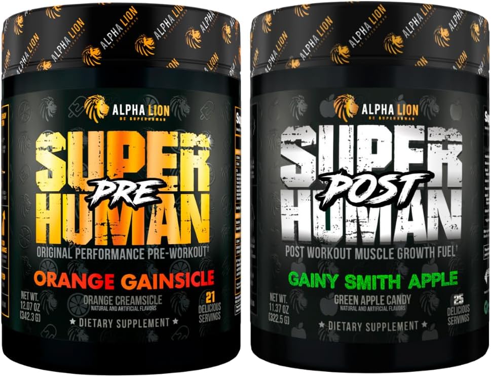 ALPHA LION Superhuman Pre Workout Powder & Post Workout Recovery Bundle, Sustained Energy & Focus + Lean Muscle Growth, Strength & Volume (Hulk Juice & Gany Smith Apple)
