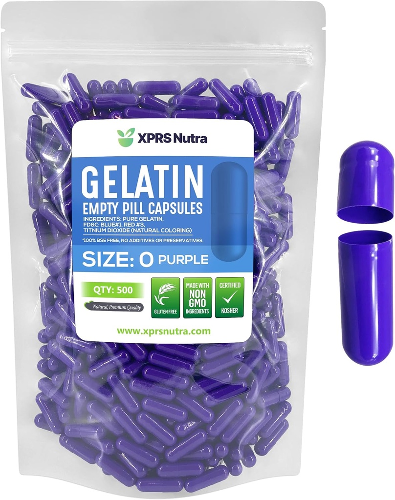 XPRS Nutra Maat 0 Lege capsules - 500 Telle Lege Gelatine Capsules - Pillen DIY Capsule Vulling - Pure Bovine Pill Gel Caps for Do-It-Yourself Supplements (Paars)