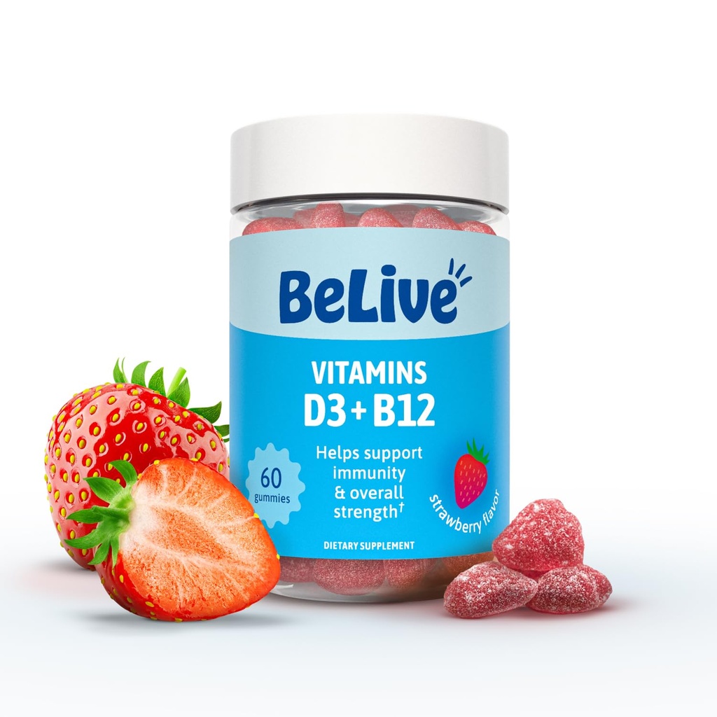 BeLive vitamine D3 Gummies met B12 vitamines - 60 Ct Immune ondersteuning Gummies met Vegan vitamine B12 & D3, Biedt verbeterde bot & spierkracht, Hearth Health en energie - Aardbei smaak