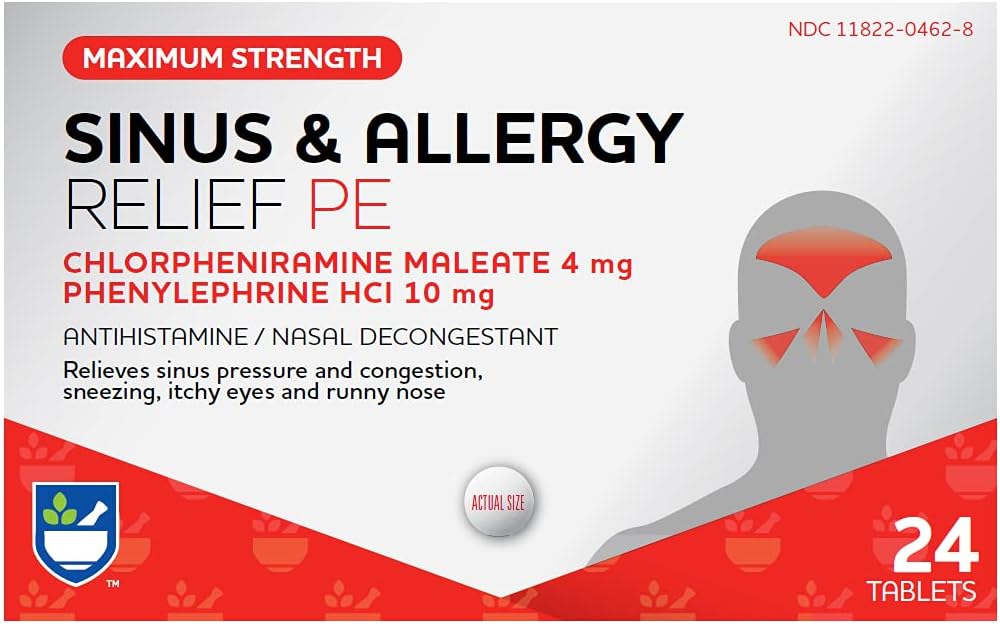 Rite Aid Sinus & Allergie Relief PE Tablets, Maximale Sterkte- 24 Telling Antihistamine en Nasale Decongestant 4 Uur Allergie Medicatie Allergie en Congestie Relief