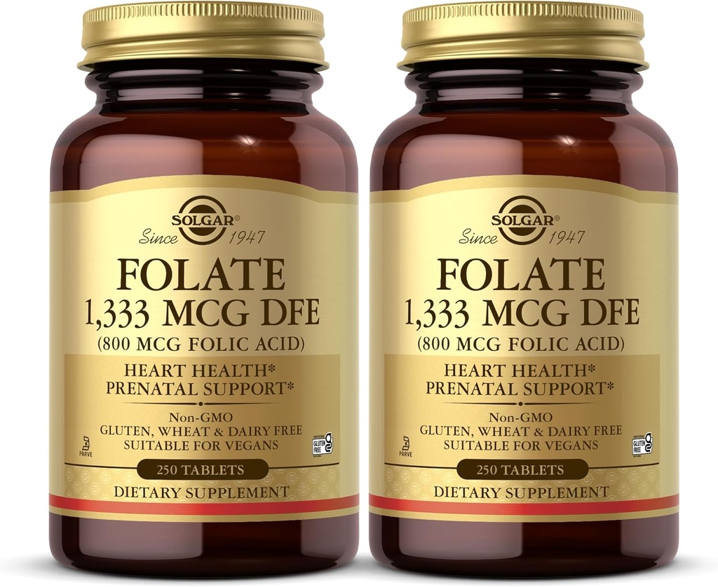 Solgar Folate 1.333 mcg DFE (Folic Acid 800 mcg) - 250 tabletten, Verpakking van 2 - Prenatale ondersteuning - Non-GMO, Veganistisch, Glutenvrij, Zuivelvrij, Kosher - 500 Totaal porties