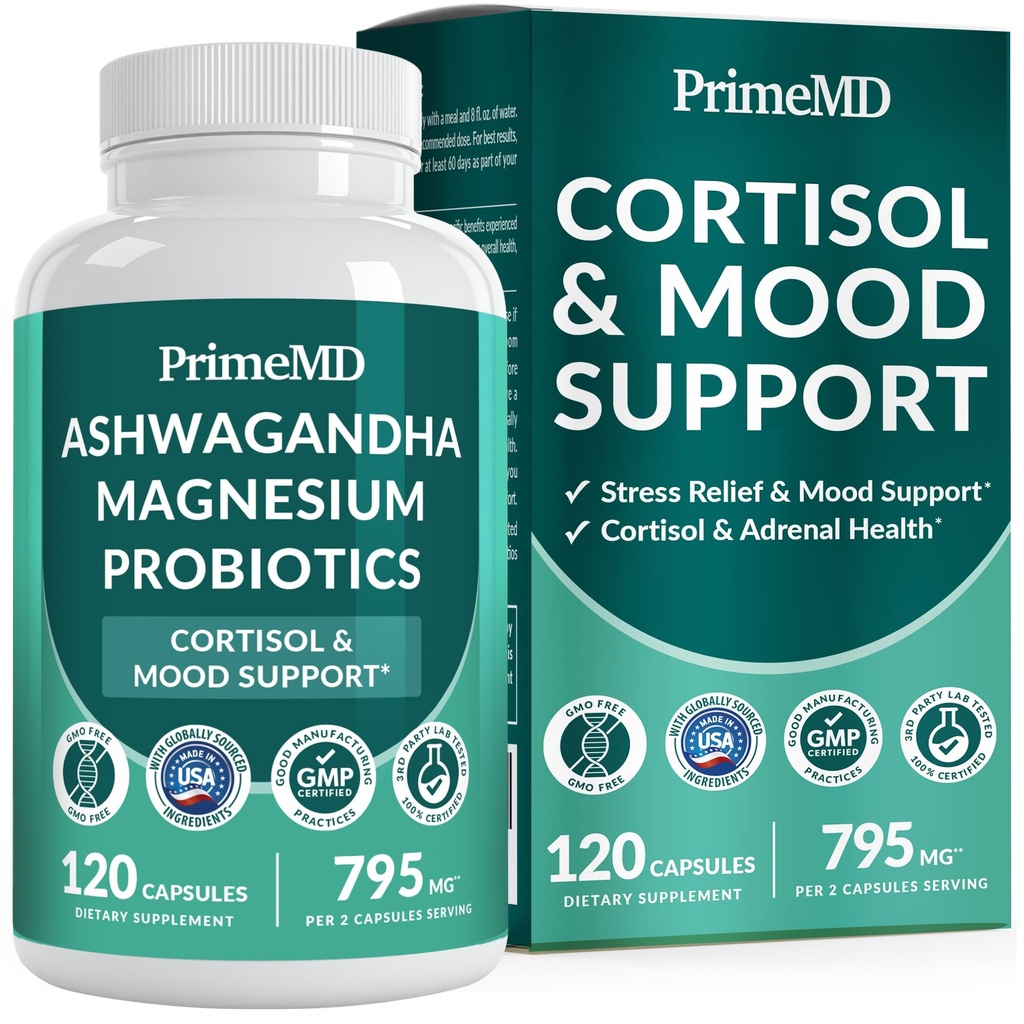 5-in-1 Cortisol Supplement voor vrouwen en mannen met Ashwagandha voor kalmte, Focus, en Adrenal Support Supplementen met Shilajit Extract, Magnesium Glycinate, Probiotica (120 ct) (Pack of 1)