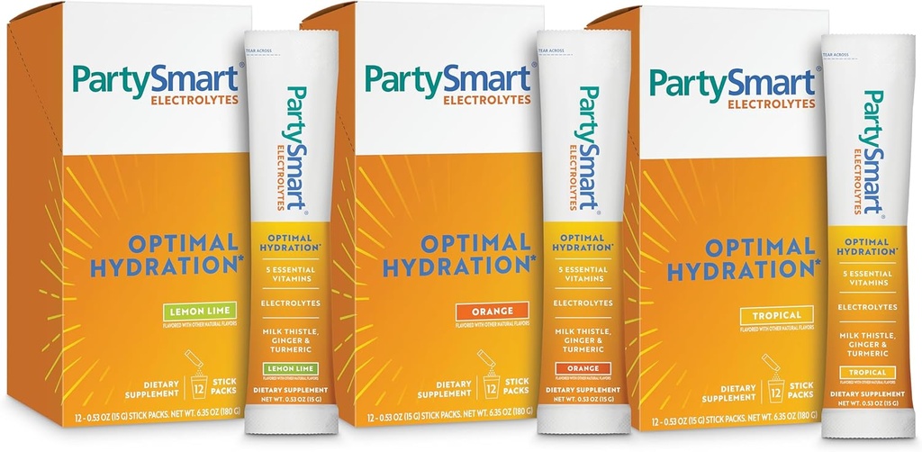 Himalaya PartySmart Electrolytes, Flavor Variety Pack - Ondersteunt optimale hydratatie met vitamine C, B12, B6, Niacin en Milk Thistle - Vegan, Glutenvrij, 1330 mg van 3 belangrijke elektrolyten per portie