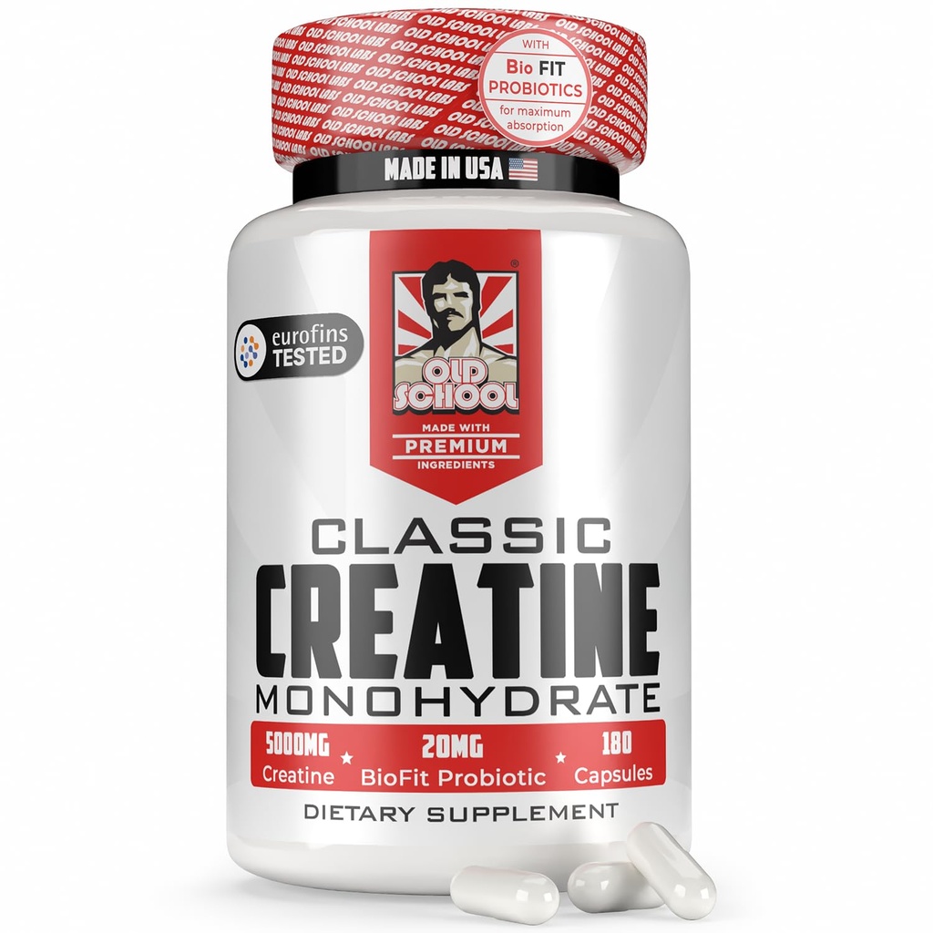 Old School Labs 5000mg Creatine Monohydraat Capsules met BioFitTM (Max Strength) Ondersteunt Spiergroei & Recovery, Performance, Cognitive Health - Creatine Pillen voor mannen & Women, Made in USA 180 Caps